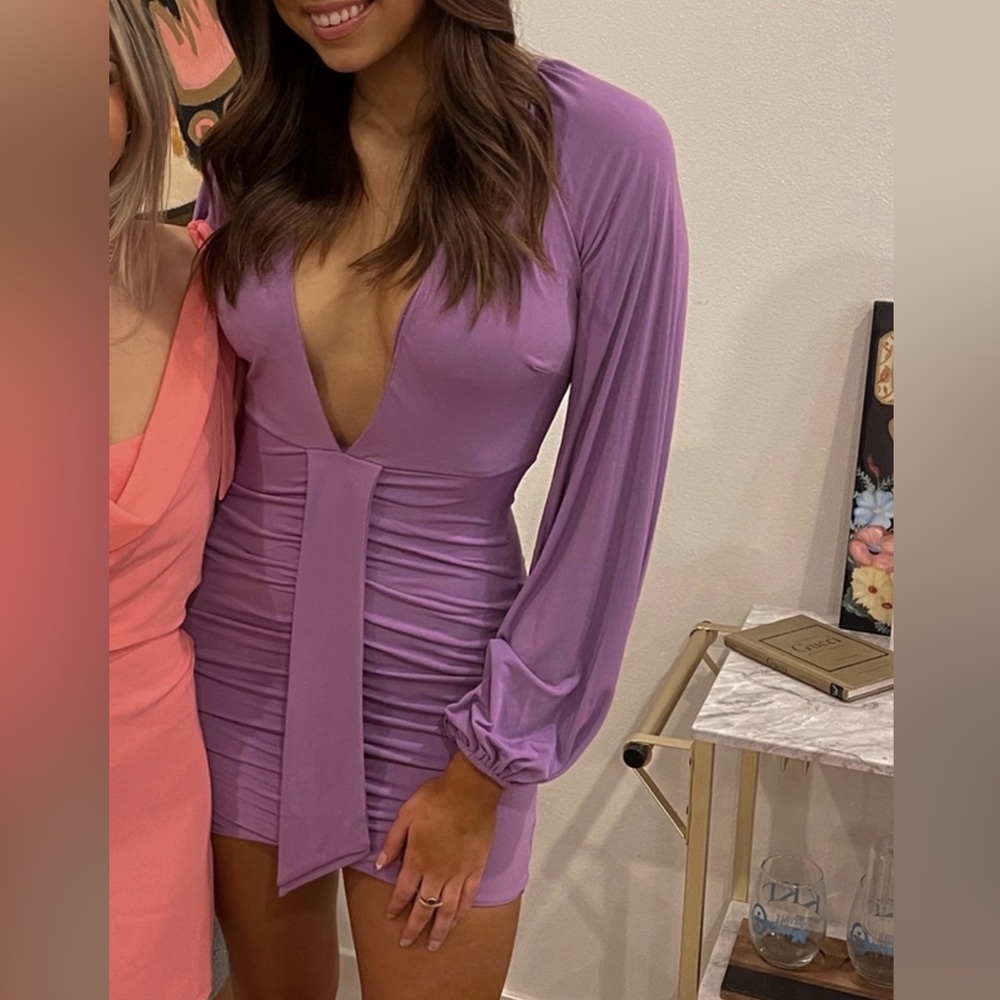 Long sleeve plunge purple dress from Selfie Leslie!